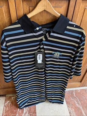 Page & Tuttle Men’s Black Polo with Blue & Yellow Stripes